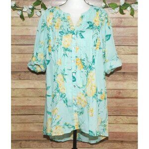 Roaman's Green Floral Pleated Blouse Size 18W V-Neck Button Up Roll Tab Sleeves